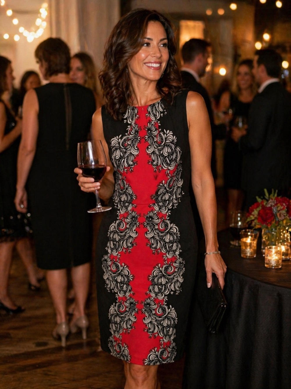 London Times Red and Black Embroidered Sheath Dress